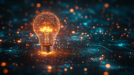 A light bulb shines on a futuristic background, representing the innovative ideas and progress in the medical technology field.