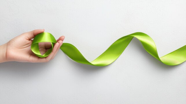 A green ribbon wrapped around a hand, signifying the personal connection to mental health advocacy and awareness.
