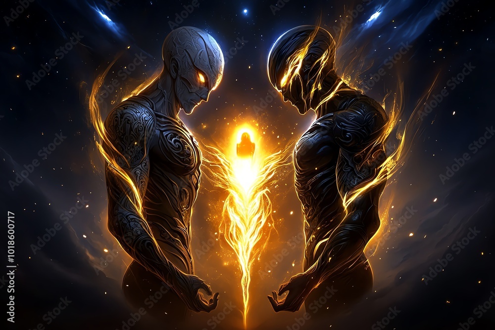 Poster fantasy depiction of a glowing figure standing between two towering forces of light and shadow, repr