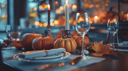 High-end Thanksgiving tablescape featuring gourds, artisanal plates, copper utensils, and soft candlelight creating a refined restaurant ambiance