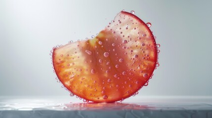Minimalist view of a translucent acerola slice, simple white background, beads of moisture, frosted glass effect, vibrant and detailed, macro photography.