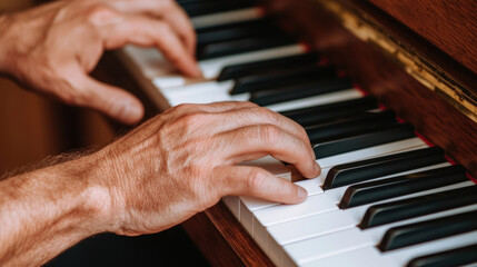 Fototapeta premium Playing piano requires skill and passion, as seen in hands gracefully moving over keys, creating beautiful music