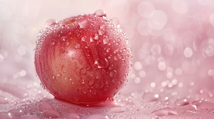 Minimalist view of a translucent acerola slice, simple white background, beads of moisture, frosted glass effect, vibrant and detailed, macro photography.