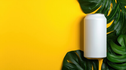 blank white can is surrounded by vibrant green leaves on bright yellow background, creating fresh and lively atmosphere. This composition is perfect for showcasing beverages or tropical themes