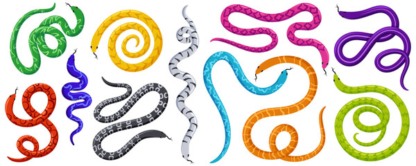 Set of exotic tropical snakes in different poses. Cartoon flat illustrations