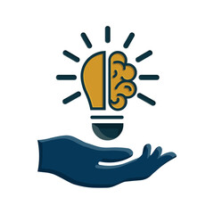 Fototapeta premium Icon idea. Brain in light bulb illustration over hand. flat design style. Thin sign of innovation, solution, education logo. vector design