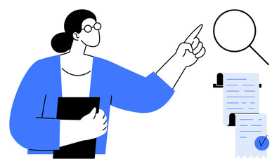 A business professional pointing at a search icon while holding a black folder. Nearby is a document with a checkmark. Ideal for business presentations, research, data analysis, education