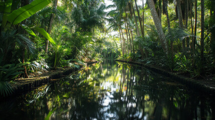 Obraz premium A long, narrow pond sits in the heart of a thick, untouched jungle.