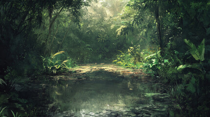 A long, narrow pond sits in the heart of a thick, untouched jungle.