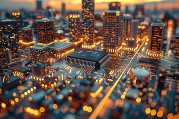 Cityscape Constructed on a Computer Chip at Sunset