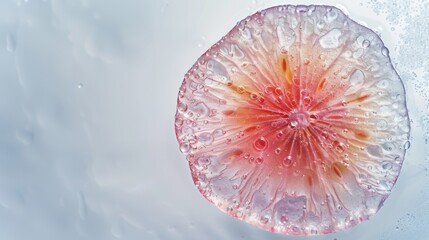 Minimalist view of a translucent acerola slice, simple white background, beads of moisture, frosted glass effect, vibrant and detailed, macro photography.