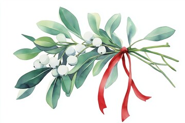 Watercolor mistletoe with white berries and red ribbon