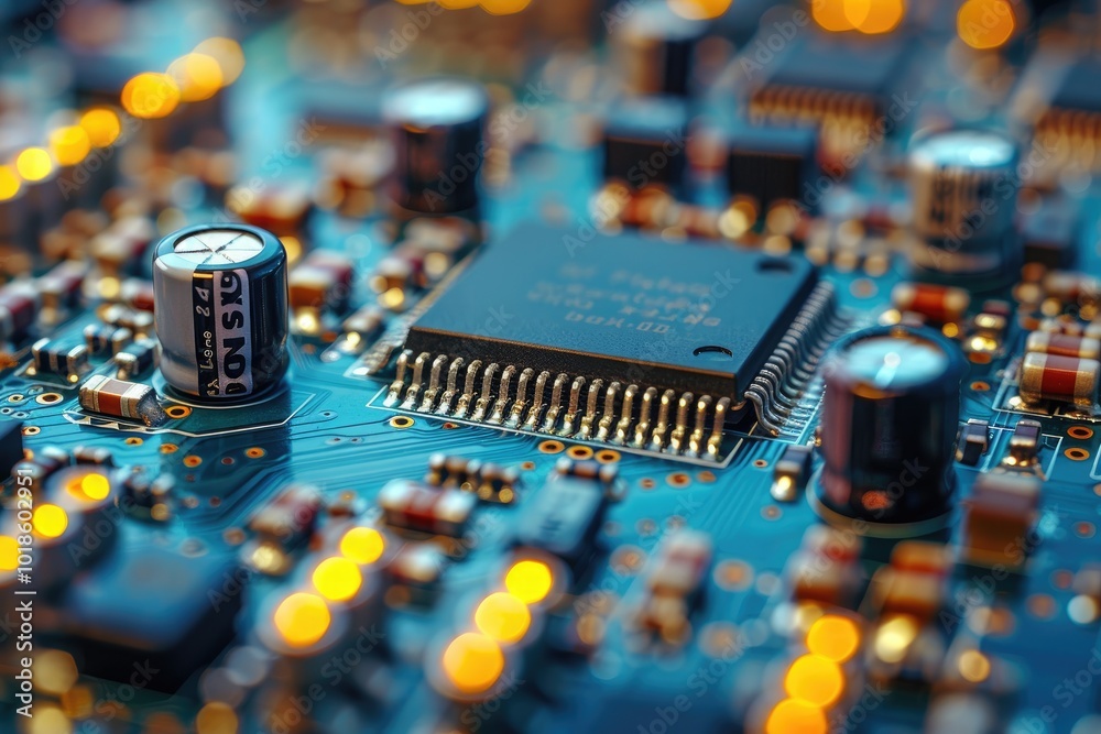 Poster close-up of a circuit board with components and bokeh lights