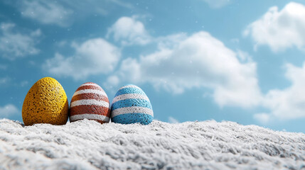 Colorful Easter eggs on snowy surface under bright blue sky with fluffy clouds create whimsical and festive atmosphere