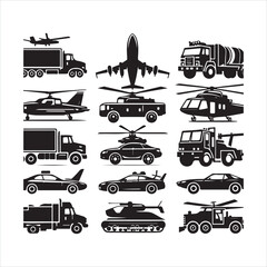 Various vehicle icon sets silhouette on white background
