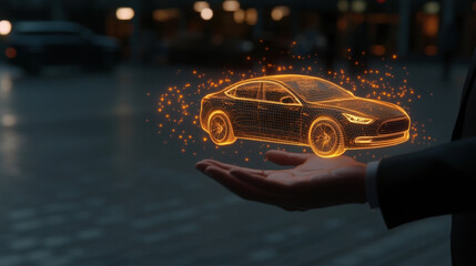 Obraz premium person holds glowing holographic car above their palm, showcasing advanced technology and innovation in modern urban setting. scene conveys sense of futuristic design and creativity
