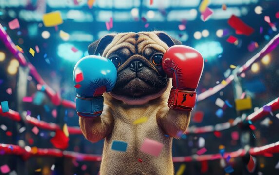 In a boxing ring filled with vibrant confetti, a cute pug dog boxer wearing colorful gloves showcases its fighting spirit. 