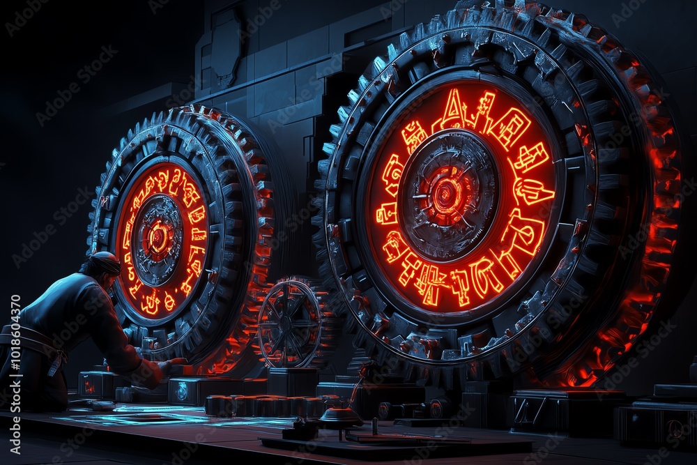Poster Fantasy depiction of a medieval inventor reverse engineering a magical clockwork device, with enchanted gears and mystical symbols illuminating the workshop