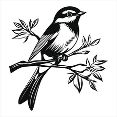 Detailed Black and White Bird on Branch Illustration in Classic Vector Art for Nature and Wildlife Designs