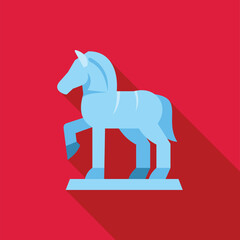 Blue horse statue standing on a red background, simple style illustration