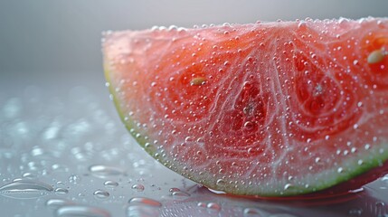 Translucent minimalist half watermelon, simple white background, water drops scattered, frosted glass blur, X-ray close-up, macro photography.