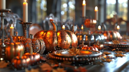 Elegant Thanksgiving table setting with gourds, detailed linen napkins, copper utensils, and artisanal plates in warm candlelit ambiance