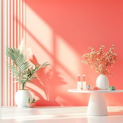 Sleek and modern 3D studio interior featuring a vibrant coral wall sparse floor and a minimal product display  Dramatic shadow patterns created by the window illumination