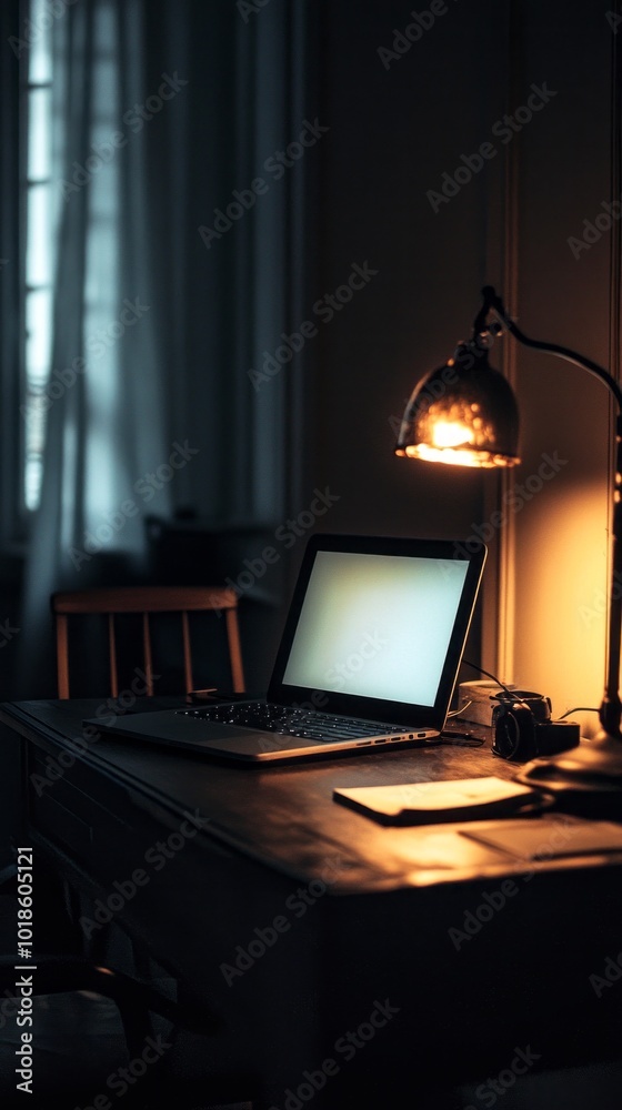 Poster a laptop is sitting on a desk with a lamp on it