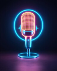 Glowing microphone with neon effects on dark background