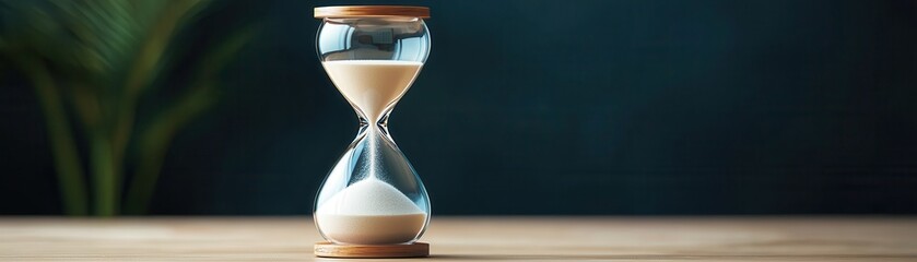 A classic hourglass on a wooden table, symbolizing time and patience, perfect for concepts of duration and chronology