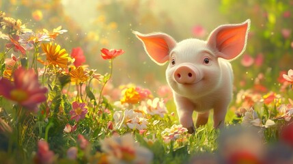 An adorable piglet walking through a colorful flower field, surrounded by bright petals and soft green grass, with space for text.