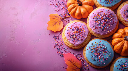 Fototapeta premium Delight in these colorful cookies topped with vibrant frosting and sprinkles, surrounded by pumpkins and autumn leaves, perfect for any fall celebration