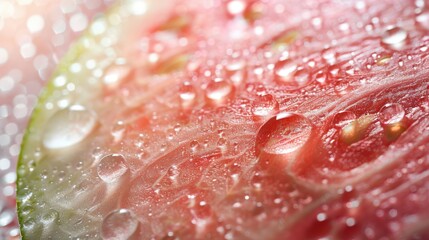 Translucent minimalist half watermelon, simple white background, water drops scattered, frosted glass blur, X-ray close-up, macro photography.