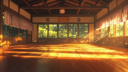 An empty anime-style dojo, with wooden floors, traditional Japanese banners, and a sense of calm.