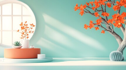 3D studio room with vibrant coral background empty floor and wall with product podium shadow overlay from window to countertop mockup with sunlight