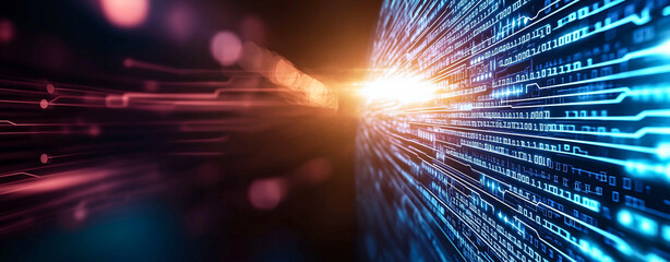 vibrant abstract digital background featuring neon light rays and binary code, creating sense of depth and movement. interplay of colors evokes futuristic atmosphere