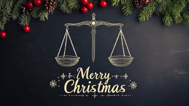 Christmas justice concept with holiday greenery and balance scales. Festive legal themes with Merry Christmas message in vintage design
