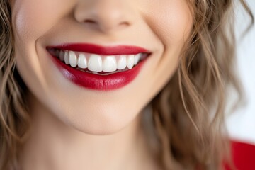 Fototapeta premium Beautiful Smile. Female smiling, perfect white teeth, close up. Healthy smiles. Perfect teeth of smiling young woman on a white background. Whitening. Dental clinic patient. Oral care, dentistry