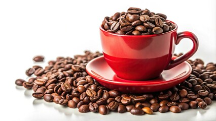 Fototapeta premium asymmetrical italian ceramic red cup with coffee beans