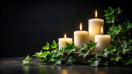 Asymmetrical ivy and burning candles on black background for obituary notice funeral announcement necrology