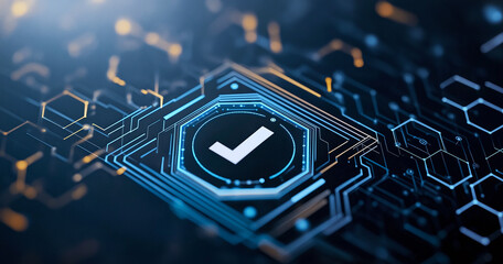 Digital technology background featuring blue hexagonal pattern with checkmark icon, symbolizing verification and security in modern context