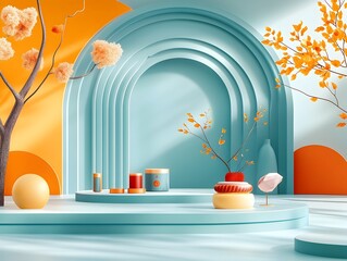 Minimalist 3D studio space with gradient blue backdrops product podium on bare floor and walls natural window lighting casting shadows across countertop product showcase in warm golden tones