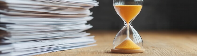 An hourglass beside a stack of papers symbolizes time management, deadlines, and the urgency of completing tasks