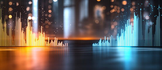 Colorful glowing stock market graph background with vibrant orange and blue bars representing data trends. dynamic visual evokes sense of energy and movement