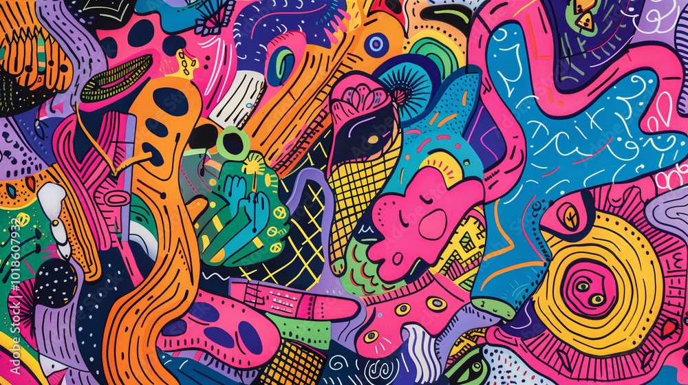 Poster abstract background with pattern of colorful doodles and shapes