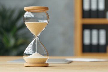 Elegant hourglass on wooden table, symbolizing time management and the passage of time in a modern workspace