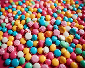 Obraz premium Vibrant colorful assortment of candy on pink background in playful arrangement