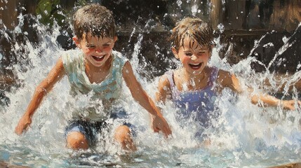 Obraz premium Children splashing joyfully in a fountain on a warm summer day, their laughter capturing the essence of life simple pleasures.