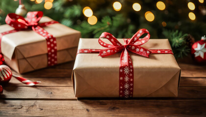 Perfect Christmas gift in friendly packaging on wooden table, eco holiday concept, Christmas gift wrapping,