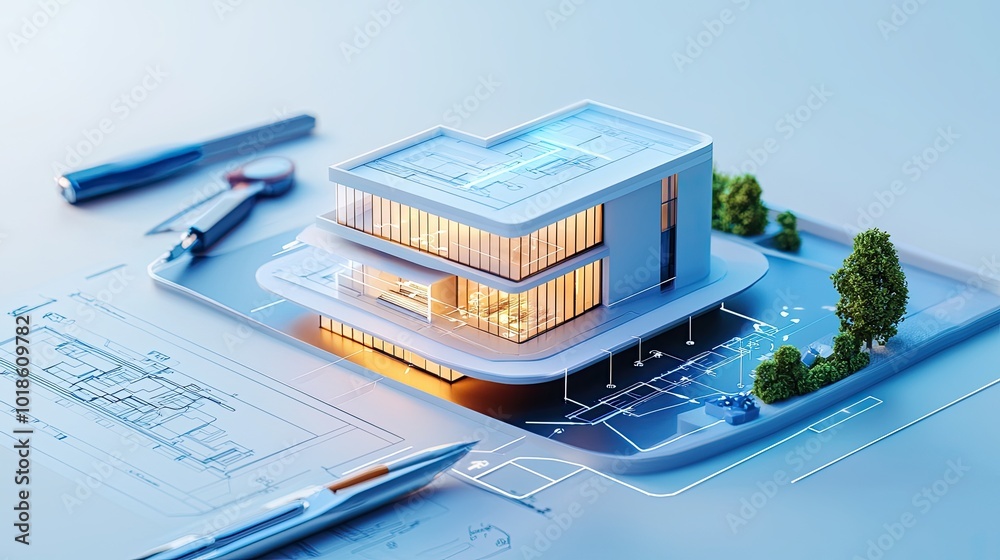 Poster blueprint of a modern building with precise lines and annotations, surrounded by architectural tools
